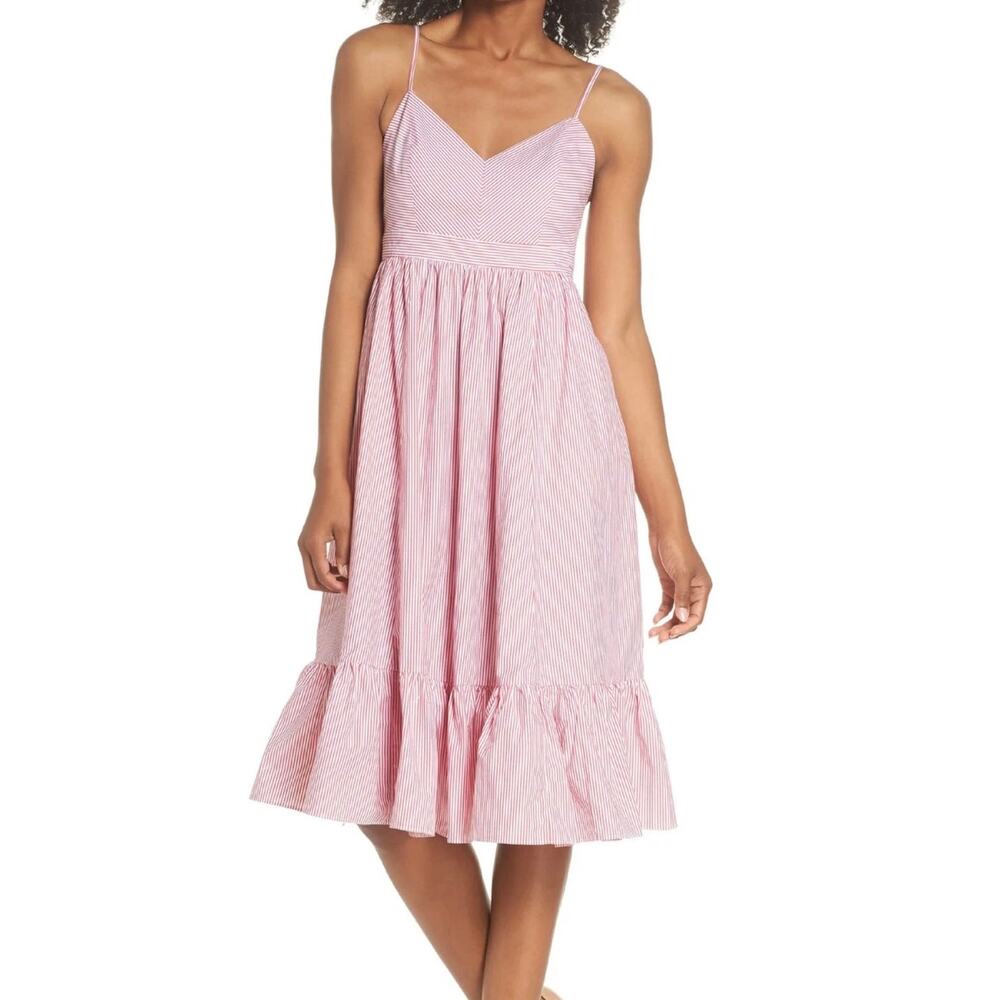 J.Crew Pink White Stripe Tiered Ruffle Midi Sundress Spaghetti Strap Size 10